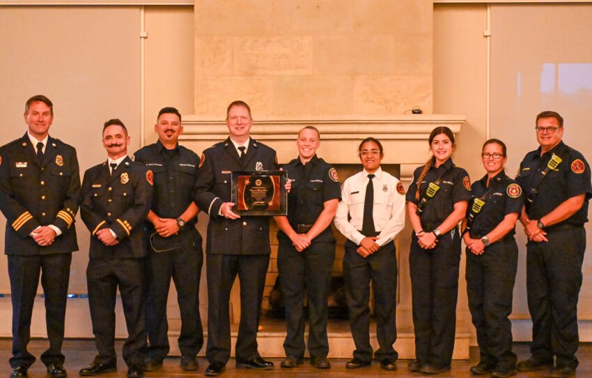 Acting Fire Chief Dusty Wilson, Rotary Hero Barry Dunn, and Station 18 firefighters