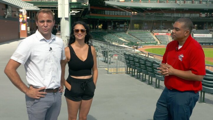 Brady and Alyssa Hammond conduct an interview for the Jumbo Shrimp episode.