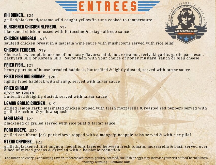The new entree menu for The Landing Strip Tavern.