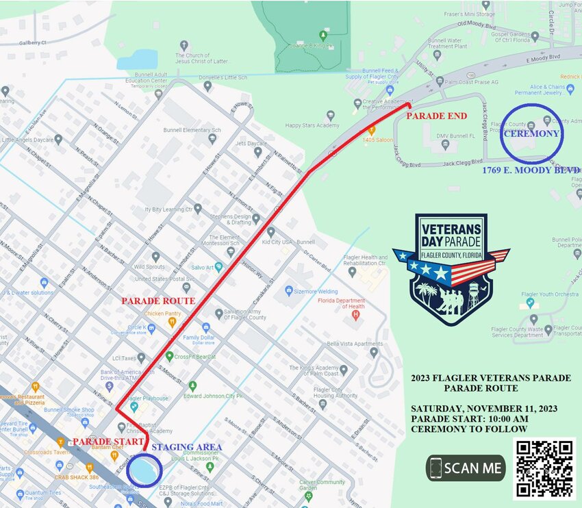 The planned route for the Veterans Day Parade.