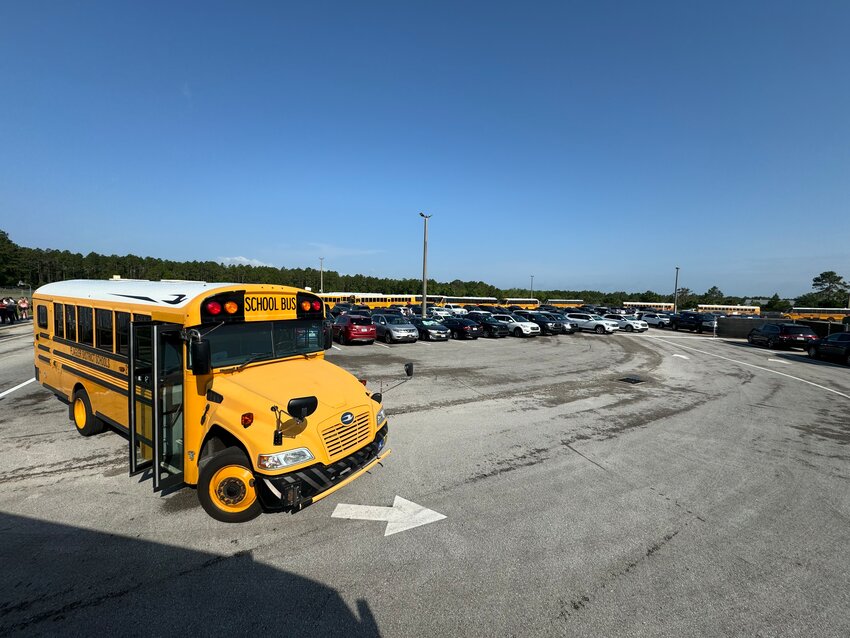 The buses from BTMS being held temporarily at Indian Trails Middle School.