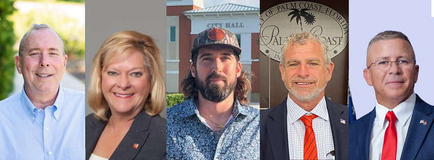 he qualified candidates for Palm Coast Mayor, arranged alphabetically by surname: David Alfin, Cornelia Downing Manfre, Peter Johnson, Alan Lowe, and Mike Norris.