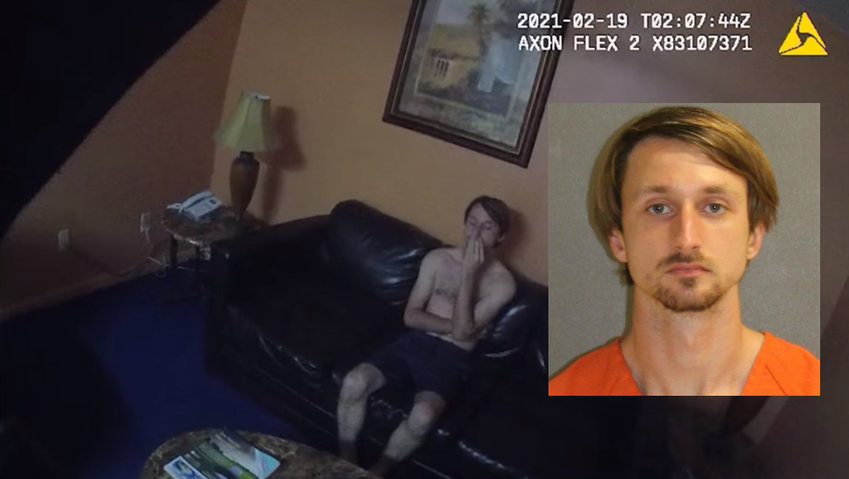 A screenshot from body camera footage of Tyler Thompson's arrest. Inset: Thompson's booking photo
