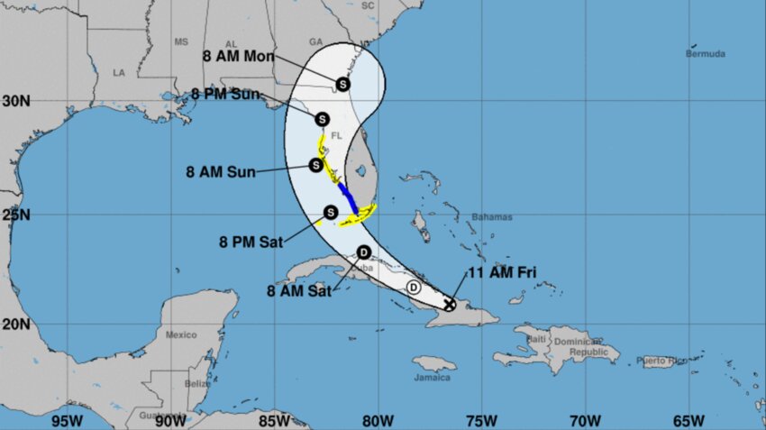 The projected path for what may become Tropical Storm Debby as of Friday morning.