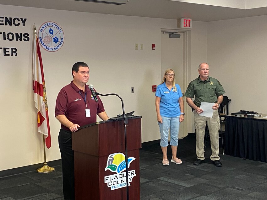 Flagler Emergency Management Director Jonathan Lord, with Bunnell Mayor Catherine Robinson and Sheriff Rick Staly.