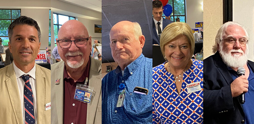 L-R: 2024 City Council candidates Andrew Werner and Dana 'Mark' Stancel, former County Commissioner David Sullivan, three-time City Council candidate Cornelia Downing Manfre, and 2021 Palm Cosat mayoral candidate Doug Courtney.