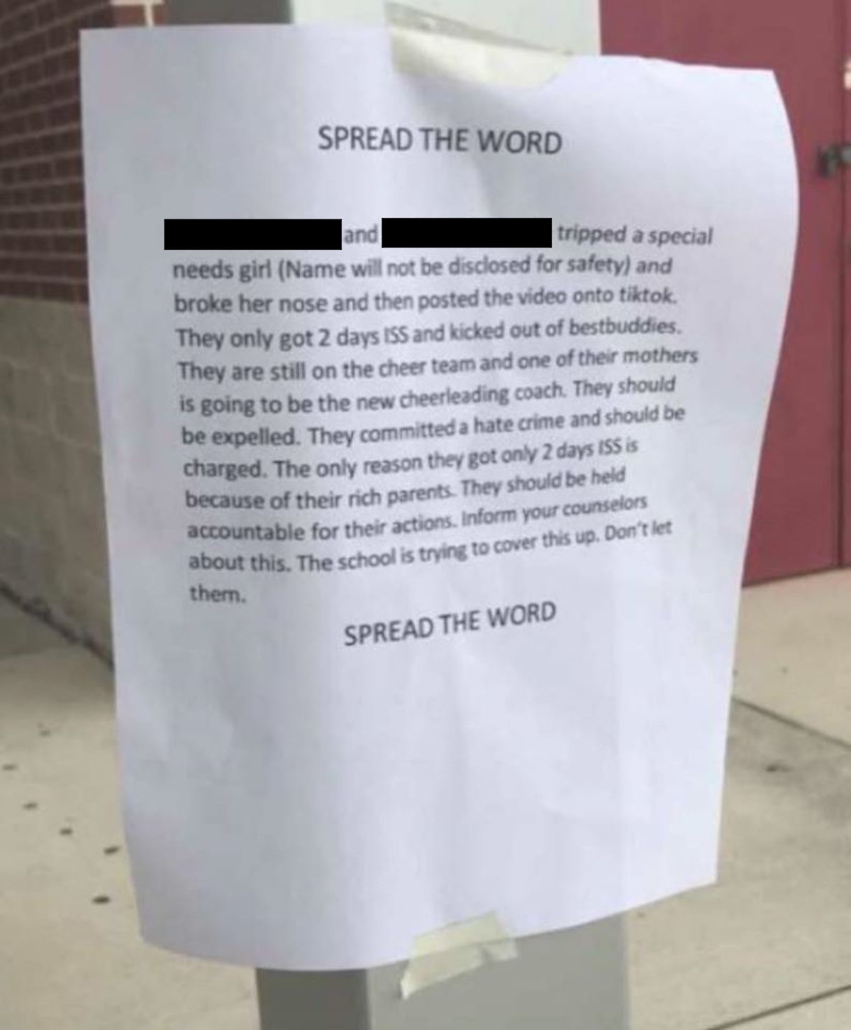 The message posted around Seabreeze High School, asking students to spread the word about the video