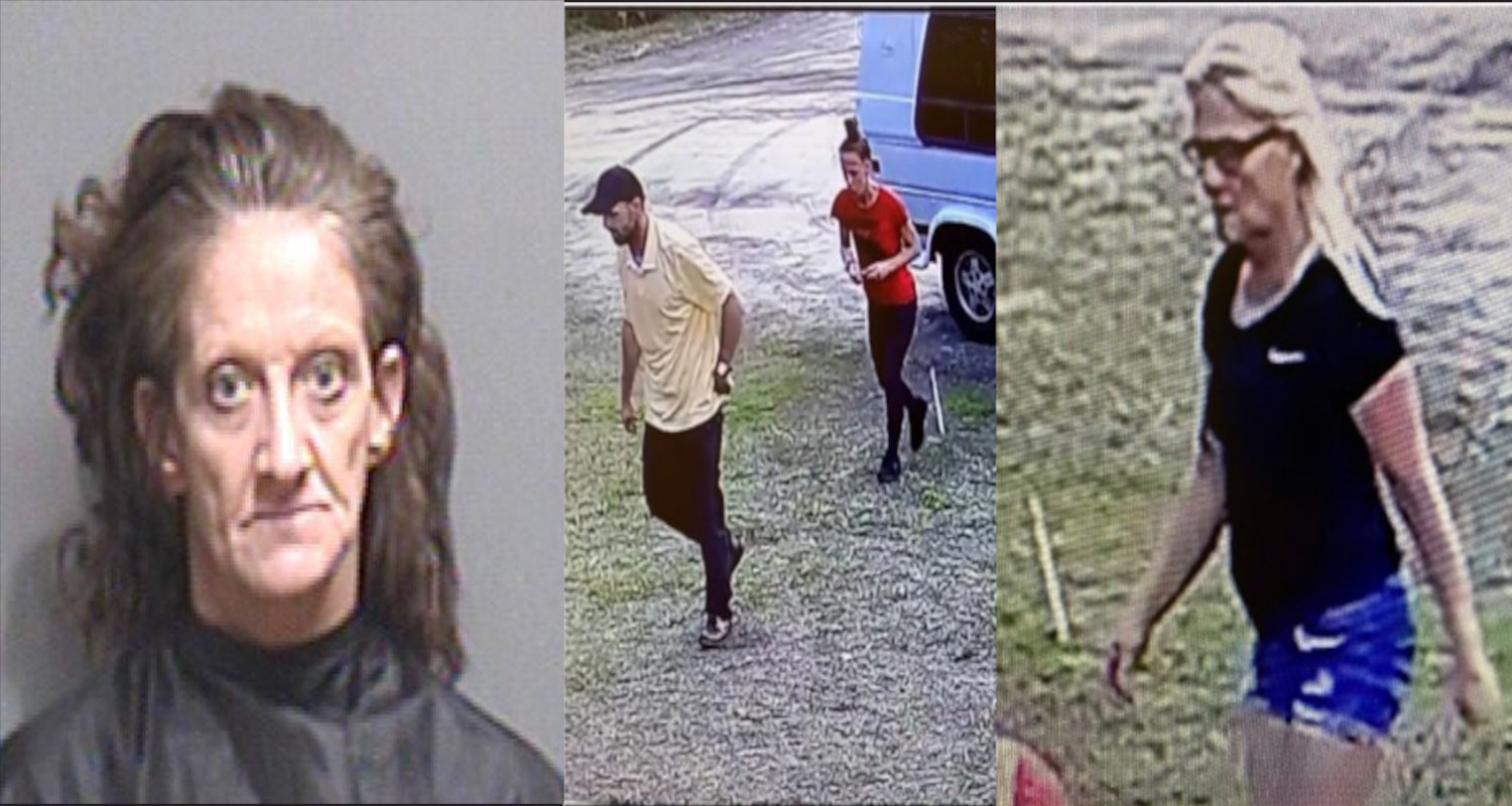 Left: Angelia Newsome's booking photo, Center & Right: The three unidentified suspects still wanted by the Flagler County Sheriff's Office