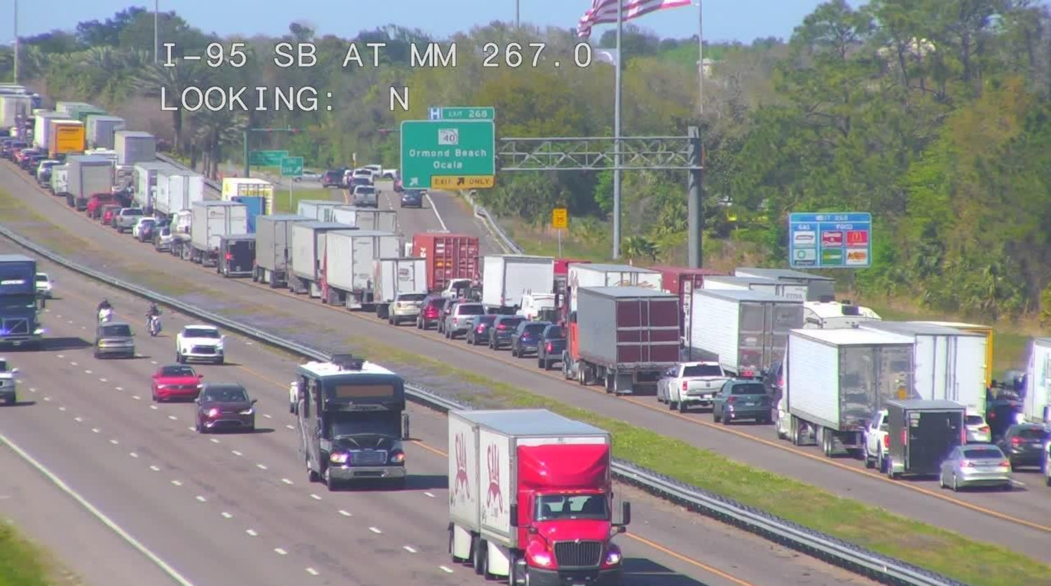 The view from a traffic camera on northbound I-95 as traffic came to a halt near Granada Boulevard in Ormond Beach Thursday afternoon