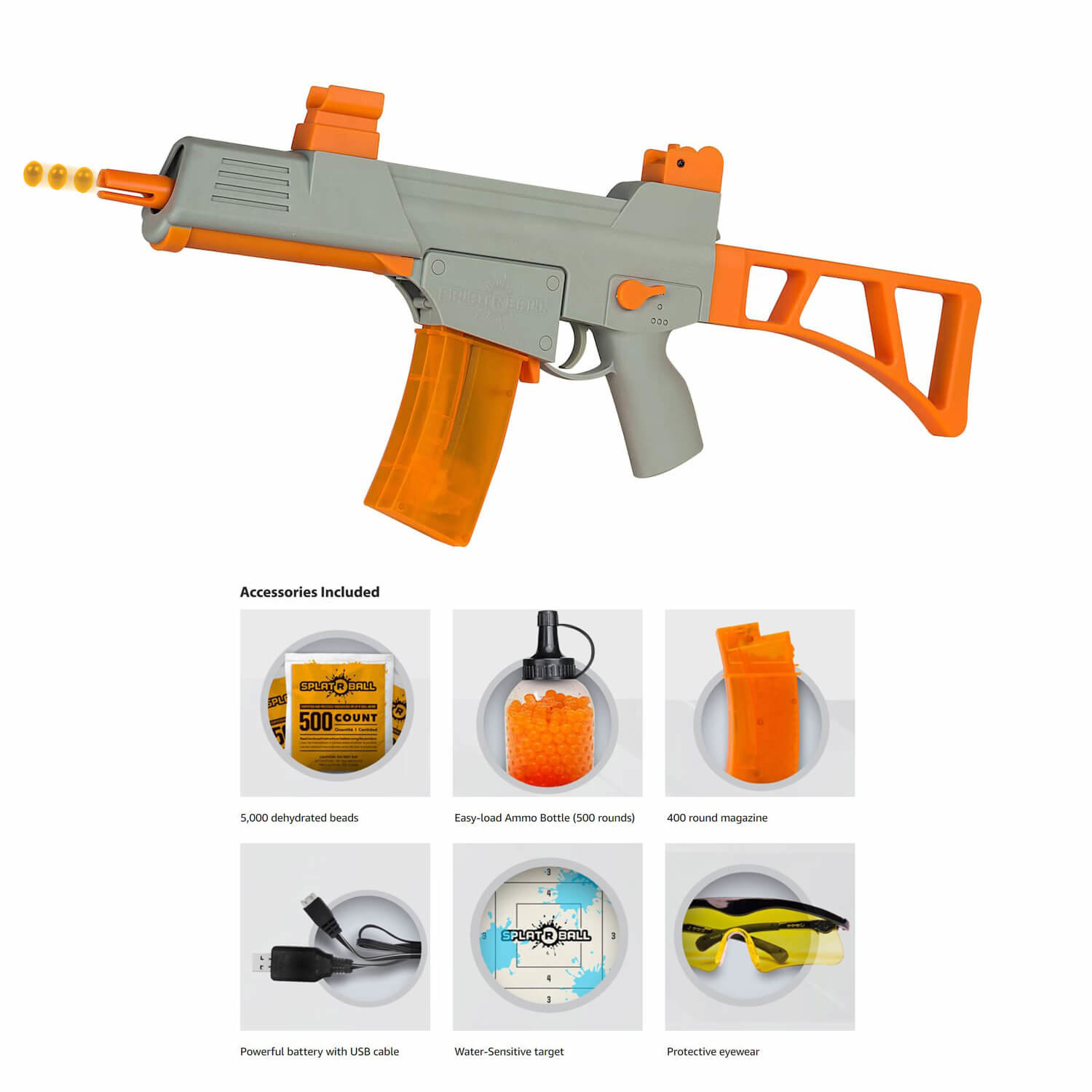 An image showing what's contained in a SplatRBall SRB400 Kit, which is sold at Walmart stores