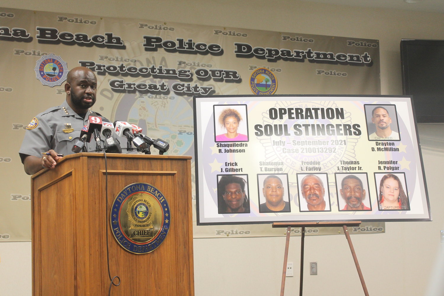 Daytona Beach Police Chief Jakari Young at a press conference discussing an operation that has charged 7 individuals with identity theft and fraud