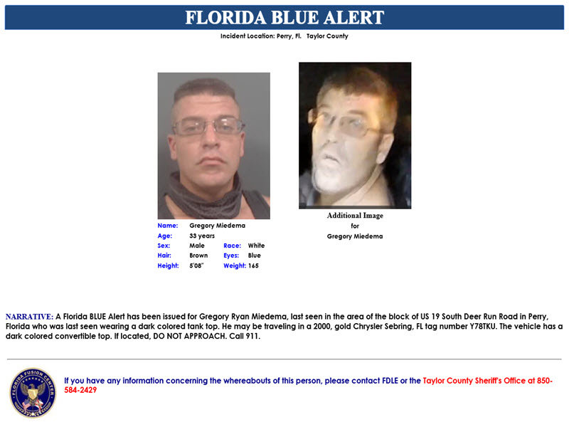 The blue alert issued by the Florida Department of Law Enforcement for Gregory Miedema