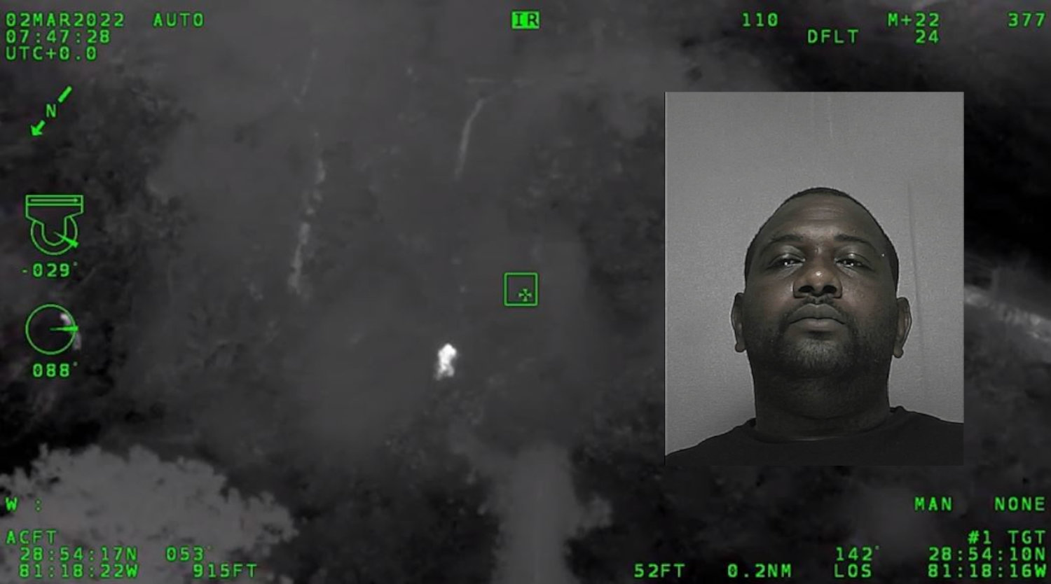 A view from Air One with Elger Johnson's heat signature in the middle of the screen. Inset: Elger Johnson's 2012 booking photo