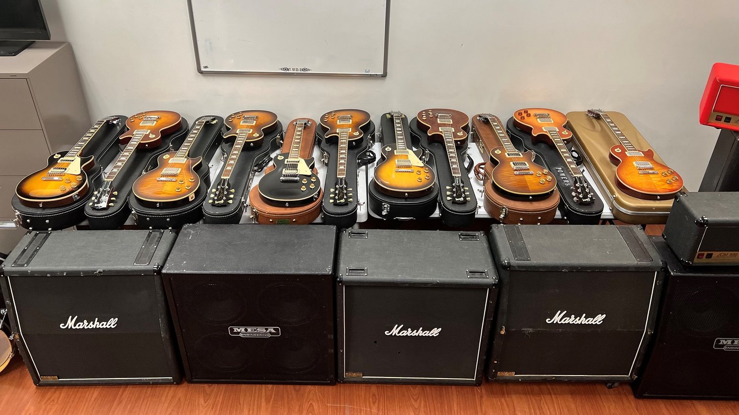 Some of the equipment purchased by Demarest. In total, investigators say Demarest purchased 11 Gibson Les Paul guitars; five amplifier cabinets, three Marshalls and two Mesas; two amplifier heads, both Marshall; several music stands; and a drum kit.