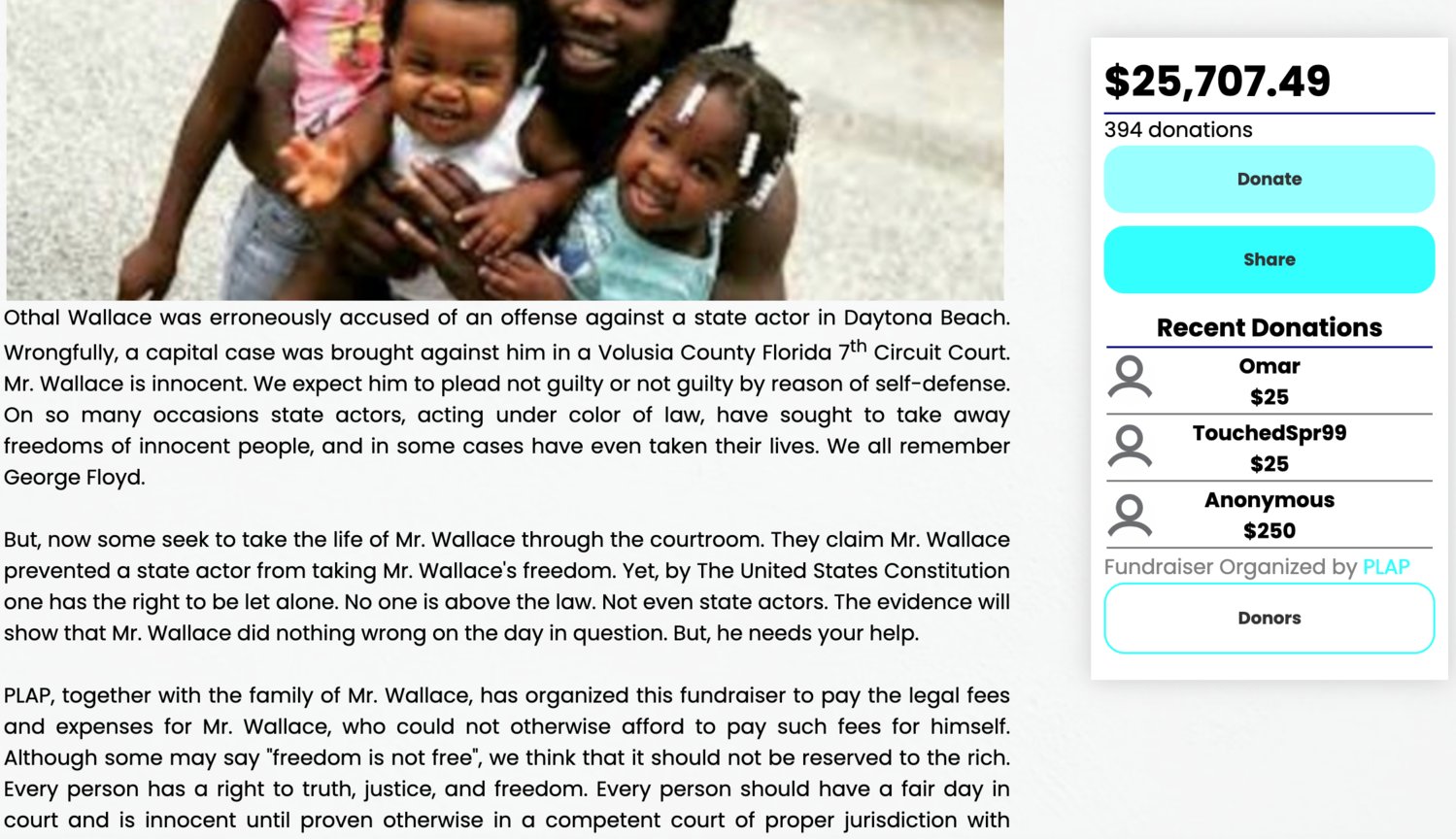 The website set up to fund Wallace's legal defense.