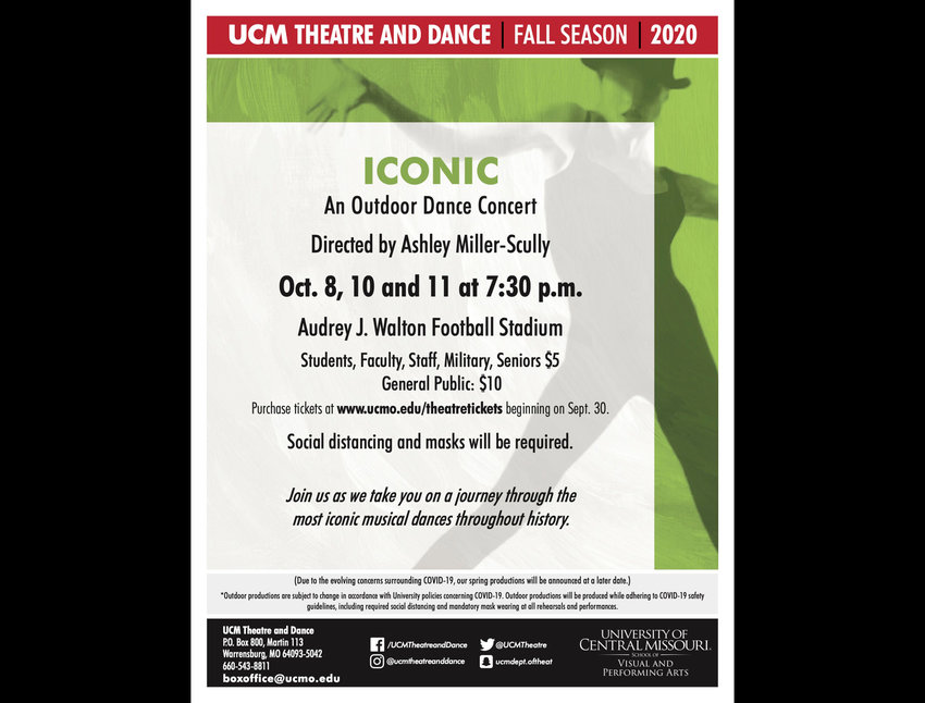 University if Central Missouri&nbsp;Theatre and Dance students will perform works from various iconic musicals under the open sky as part of&nbsp;&ldquo;Iconic: An Outdoor Dance Concert&rdquo; at 7:30 p.m.&nbsp;Oct. 8, 10 and 11 at the Audrey J. Walton Football Stadium.&nbsp;