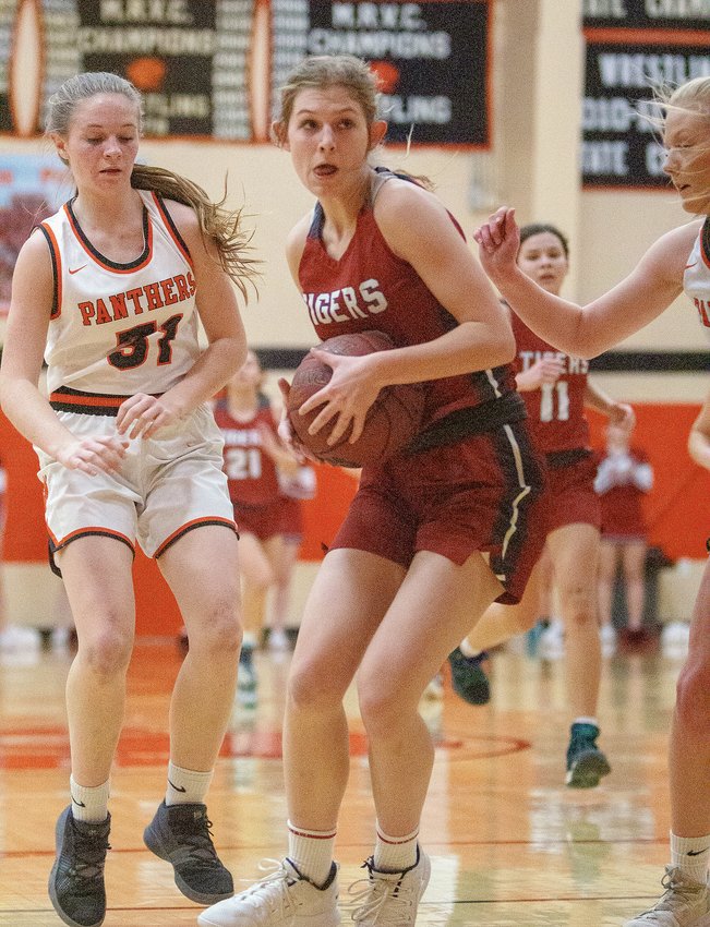 Warrensburg&rsquo;s Zoey Westphal drives to the basket in the first half of the Lady Tigers 50-28 win over Oak Grove on Friday, Feb. 7.