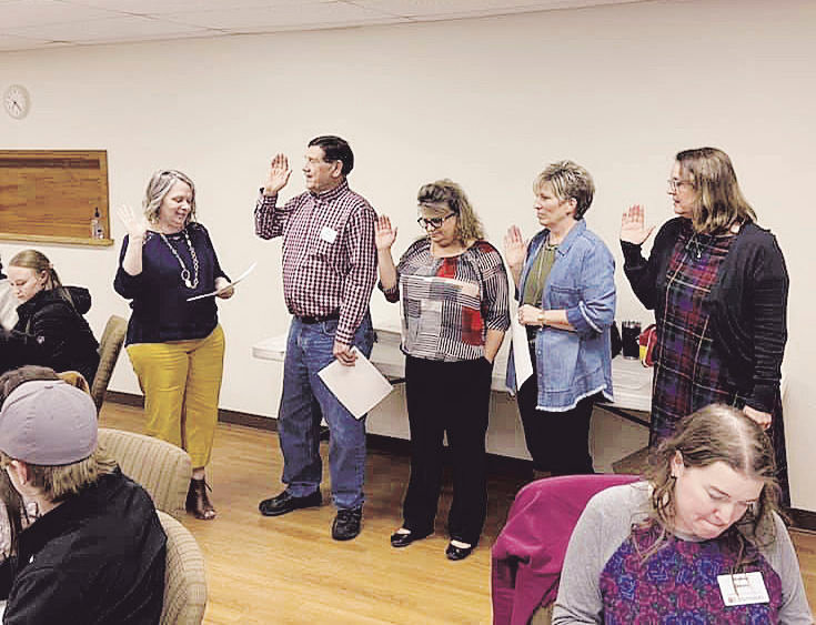 County Clerk Diane Thompson installs the officers for 2020-2021. Pictured, from the left, is Thompson, Vice Chair Dale Jarman, Secretary Jennifer Evert, Chair Member Sandra Streit and Treasurer Kelly Fleming.