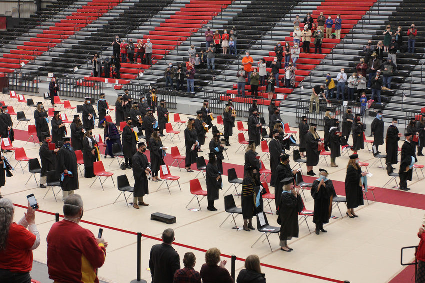 Graduate candidates are distanced from each other Friday, Dec. 11, for the first of 10 commencement ceremonies at the Multipurpose Building on the University of Central Missouri campus.&nbsp;