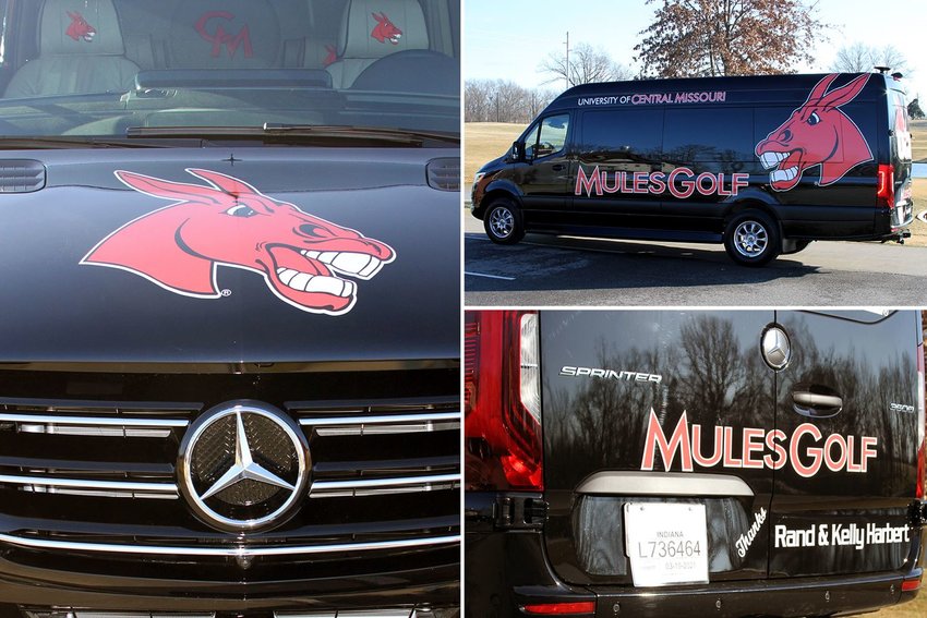 Central Missouri alumni Randi and Kelly Harber gifted a Mercedes Benz Sprint Van to the mules golf program.