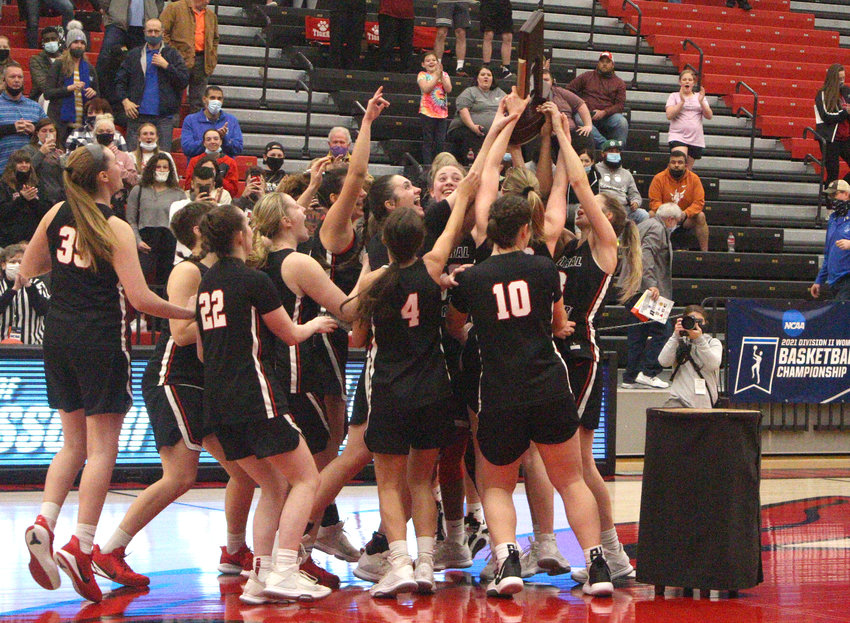 Central Missouri celebrates its Central Regional Championship following a win over Nebraska-Kearney on Monday, March 15 at the Multipurpose Building.