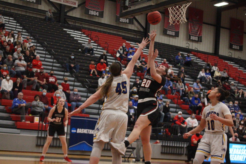 Central Missouri freshman Graycen Holden attempts a layup against Nebraska-Kearney during the NCAA Division II Central Region Championship game on Monday, March 15 at the UCM Multipurpose Building.