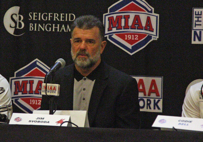 Mules football head coach Jim Svoboda speaks at the podium during the 2021 Football Media Day on Tuesday, July, 27, at the Little Theatre in Kansas City, Missouri.
