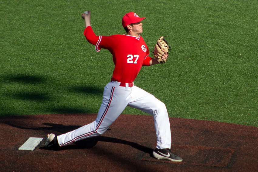 Central Missouri junior Chase Plymell throws a pitch in the Mules 10-2 win over Central Oklahoma in the MIAA tournament championship game May 12, 2019 in Pittsburg, Kansas.