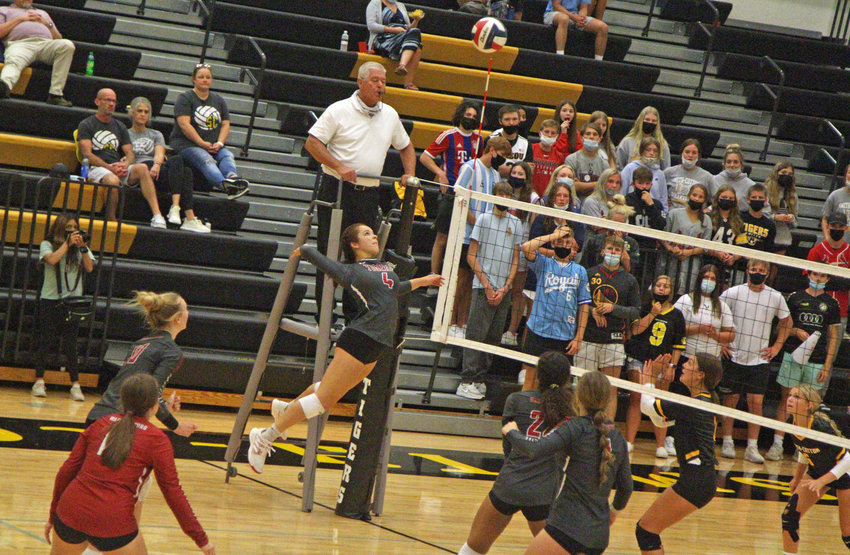 Warrensburg&rsquo;s Jaida Wyatt attempts a kill on Tuesday, Sept. 14, at Smith-Cotton High School.