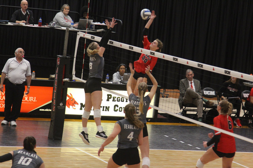 Central Missouri&rsquo;s Kersti Nix goes up for a kill against Northwest MIssouri on Tuesday, Oct. 26, at the UCM Multipurpose Building.