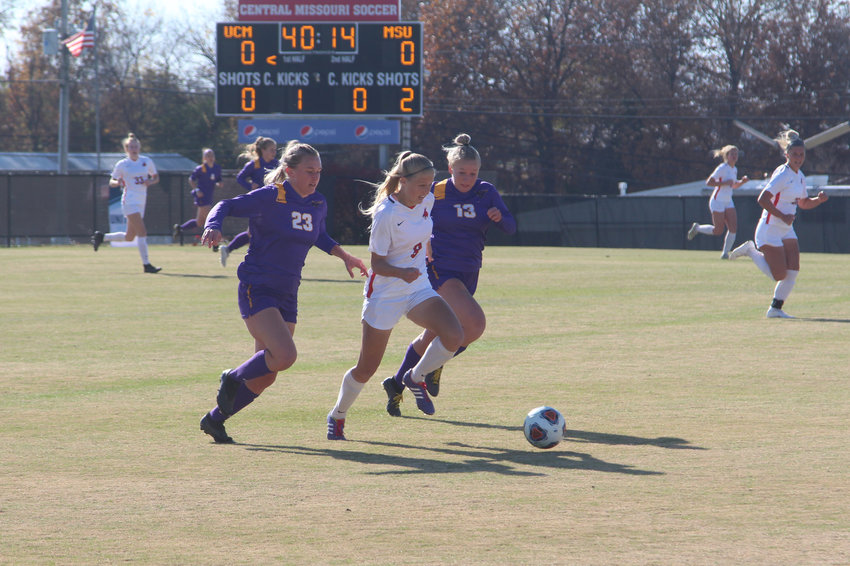 Jennies soccer junior Kassie Newsom dribbles the ball up field against Minnesota State in the NCAA Division II Central Region semifinal round Sunday, Nov. 21, at the UCM South Recreation Complex.