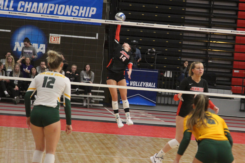 Redshirt sophomore outside hitter Sydney Lierz attempts a kill against Arkansas Tech in a NCAA Division II Central Regional quarterfinal matchup Thursday at Dr. Peggy Martin Court in Warrensburg.