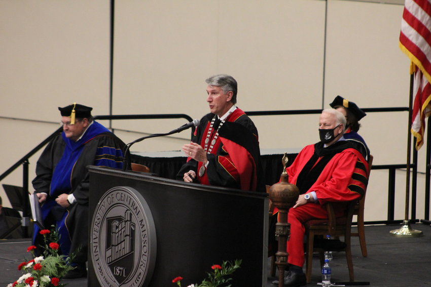 University of Central Missouri President Roger Best confers degrees for candidates for graduation during a 2021 fall commencement ceremony Friday evening in the Multipurpose Building.