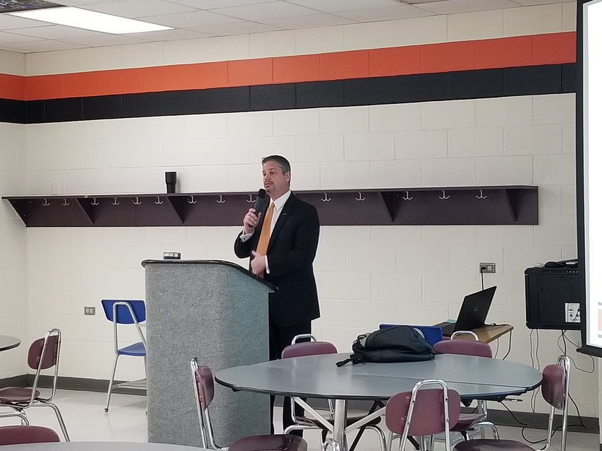Assistant Superintendent Michael Cohron discusses the facility needs in the Knob Noster School District at a forum Wednesday, Jan. 12.