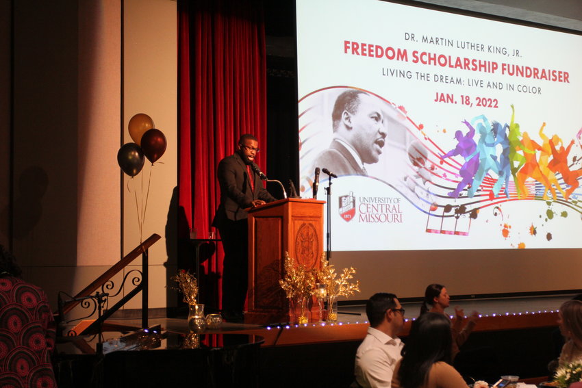 UCM Alum Dominique Hampton delivers the invocation at the Dr. Martin Luther King Jr. Freedom Scholarship Fundraiser hosted Tuesday, Jan. 18, in the Elliott Student Union Ballroom.