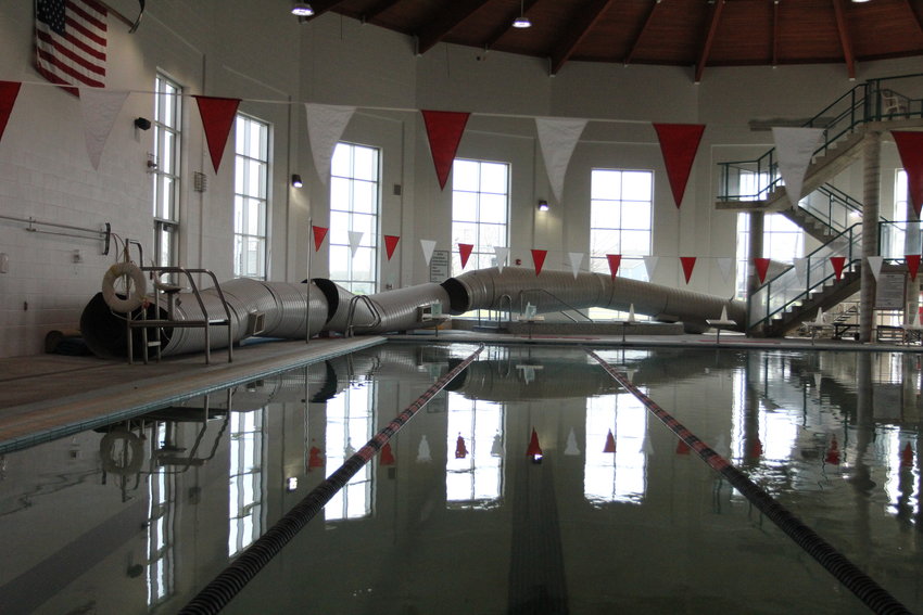 About 40 feet of industrial ductwork lays on the floor of the indoor pool area after falling from the ceiling of the Warrensburg Community Center.