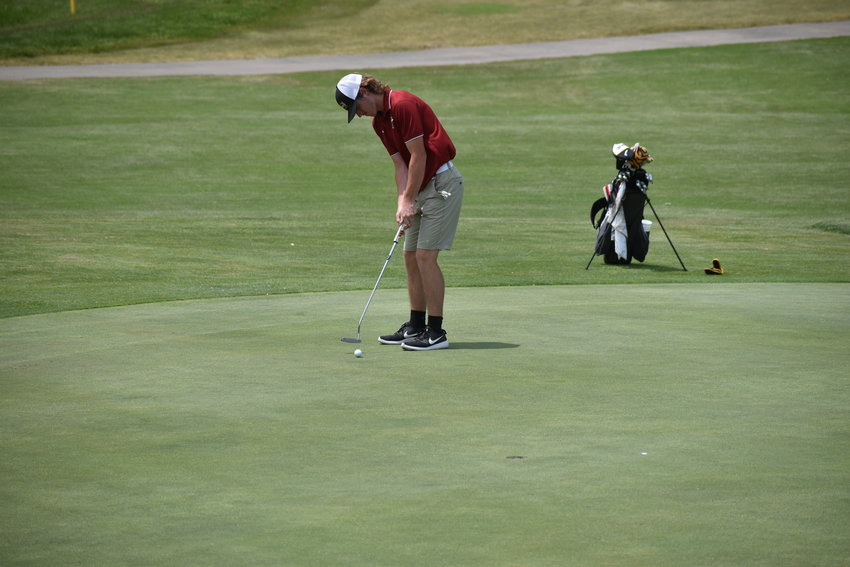 Warrensburg senior Landon Nakoneczny putts during the MSHSAA Class 4 State Championships on Tuesday, May 17, at the Meadow Lake Acres Country Club in New Bloomfield.