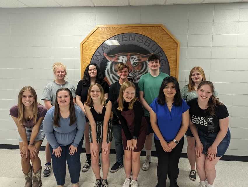 Warrensburg music students are recognized for their achievements at the Tuesday, May 17, Warrensburg Board of Education meeting. Back row from left, Audrey Irmischer, Isabella Sallee, Cameron King, Thomas Bridgmon and Madeline Collins. Front row, Claire Starbuck, Hannah Walters, Avenelle Keintzy, Madison Chenault, Stefanie Pera and Abigail Richner. Not pictured is Adia Plemons, Kaitlyn Allcorn, Kailey Narron, Jack Renfrow, Kyle Menke, Alex Sallee, Griffin Wynn, Jayme Rich, John Doss and Anthony Rehn.