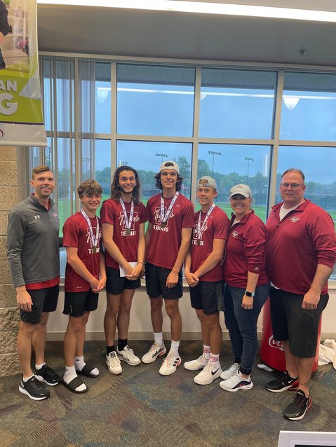 Warrensburg&rsquo;s doubles state medalists pose for a photo with their coaching staff. From left: Scott Maple, Sam Renfrow, Jack Renfrow, Nolan Kennedy, Quinn Conley, Heather Conley, Doug Conley.
