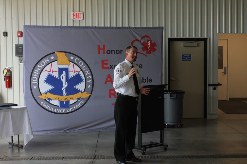 Director Shane Lockard discusses the role of the Johnson County Ambulance District at the 20th anniversary celebration of its founding on Thursday, May 19.