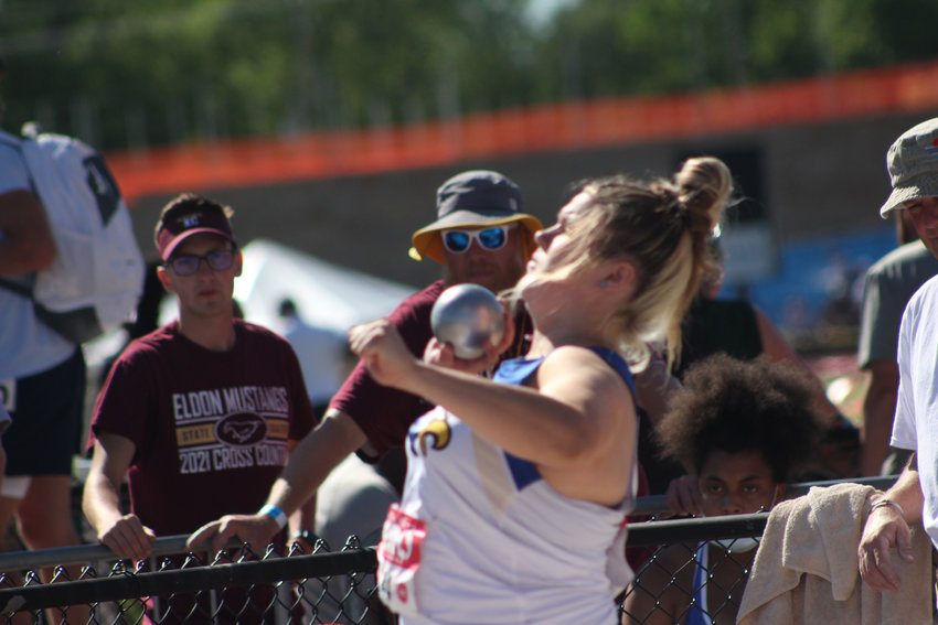 Holden senior Liz Stout competes in shot put during the MSHSAA Class 3 Championships on Friday, May 27, at Adkins Stadium.
