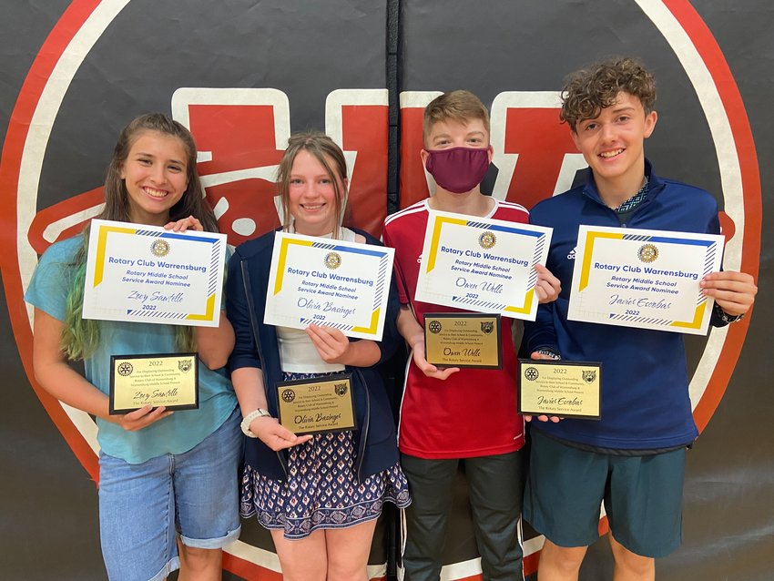 The Rotary Club of Warrensburg has announced the Warrensburg Middle School Service Award winners. Students were recognized for displaying outstanding service to their school and community. From left, eighth graders Zoey Sawtell, Olivia Basinger, Owen Wells, and Javier Escobar.