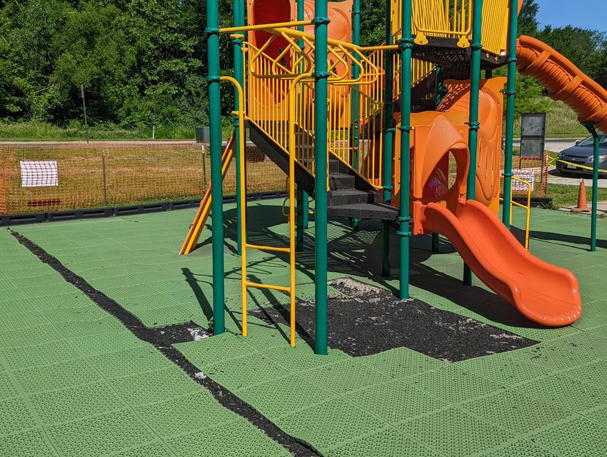 Hawthorne Park is closed until further notice due to damage to the play surface underneath the monkey bars. A resurfacing project for the park was already scheduled for this fiscal year due to warping of the tiles currently installed.