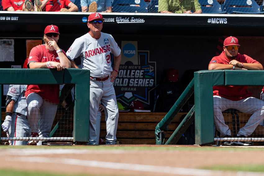 Arkansas head coach Dave Van Horn watches the game action against Mississippi during an NCAA College World Series baseball game Thursday, June 23, 2022, in Omaha, Neb.