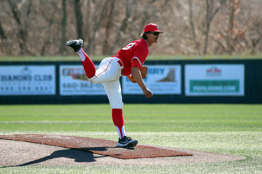 Mules baseball pitcher Josh Bortka completes a delivery against Emporia State during the 2022 season. He was drafted by the Philadelphia Phillies in the 16th round of the 2022 MLB Draft.