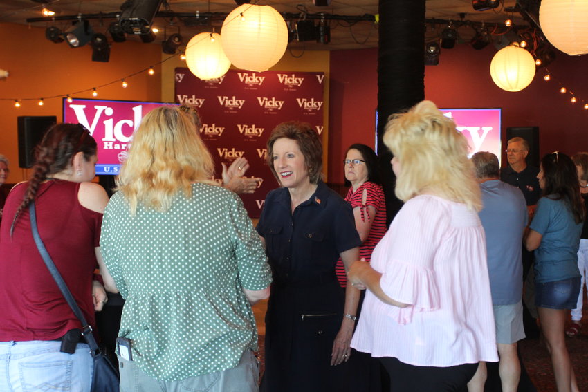 Congresswoman Vicky Hartzler greets attendees at a campaign stop Tuesday, July 19, at Player&rsquo;s Restaurant in Warrensburg.