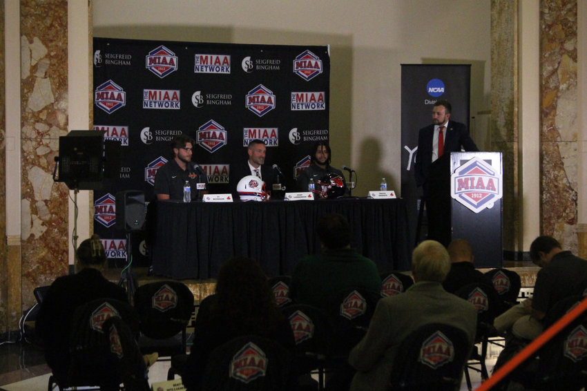 Mules football&rsquo;s Ty Reynolds, Josh Lamberson and Travis Degrate take questions from reporters during MIAA Media Day on Tuesday, July 26, at the Kansas City Convention Center&rsquo;s Little Theatre.