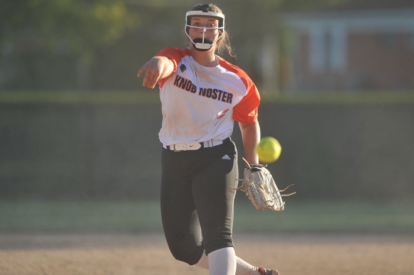 Knob Noster&rsquo;s Estella Huntsman delivers a pitch to a Smith-Cotton hitter Wednesday, Aug. 31, at Centennial Park.