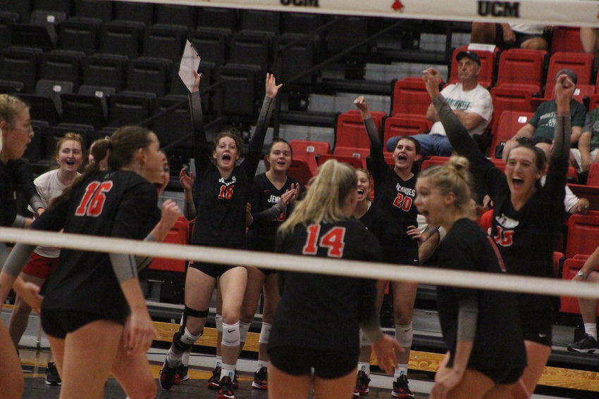 Jennies volleyball celebrates a kill against Northwest Missouri on Wednesday, Sept. 7, at the UCM Multipurpose Building.
