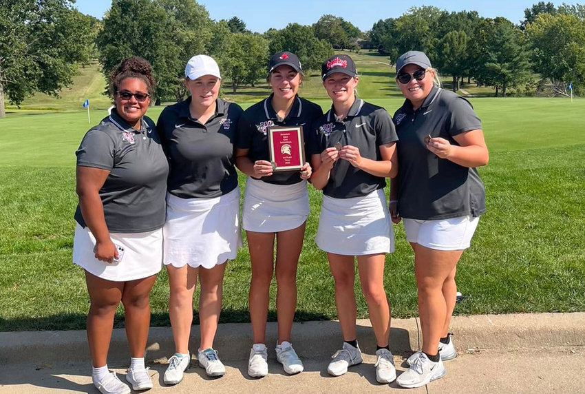 Warrensburg girls golf poses for a photo after winning the Richmond Invitational on Wednesday, Sept. 14, at Shirkey Golf Course in Richmond.